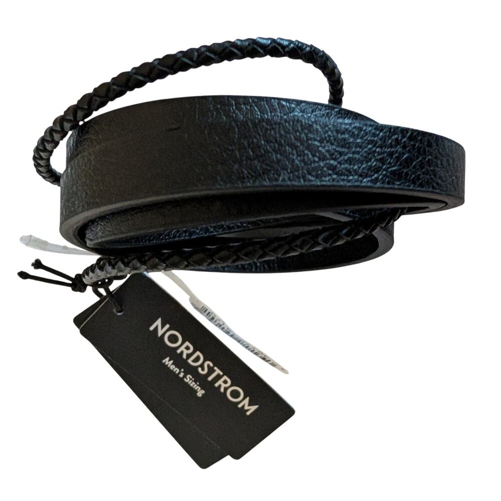 Black Leather Men's Double Wrap Stack Bracelet
